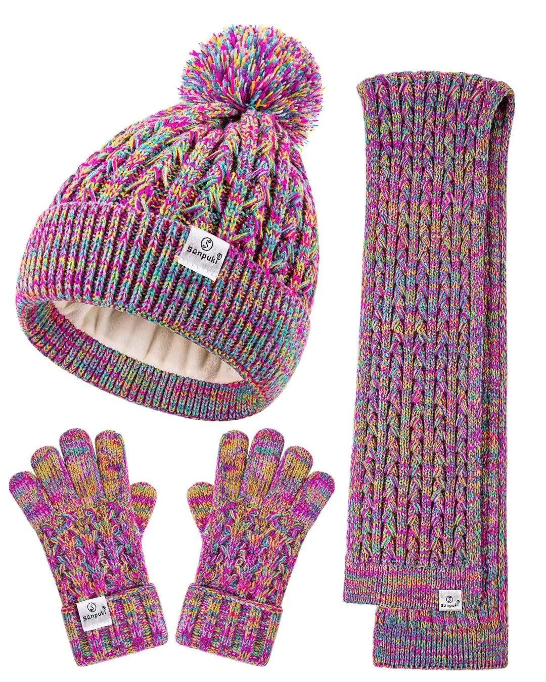 Kids Winter Hat Gloves Scarf SetGirls Toddler Winter Hat Beanies with Pom Neck Warmer Gaiter Mittens Fleece Lined Set Christmas Gift for Kids（Rainbow Mix）