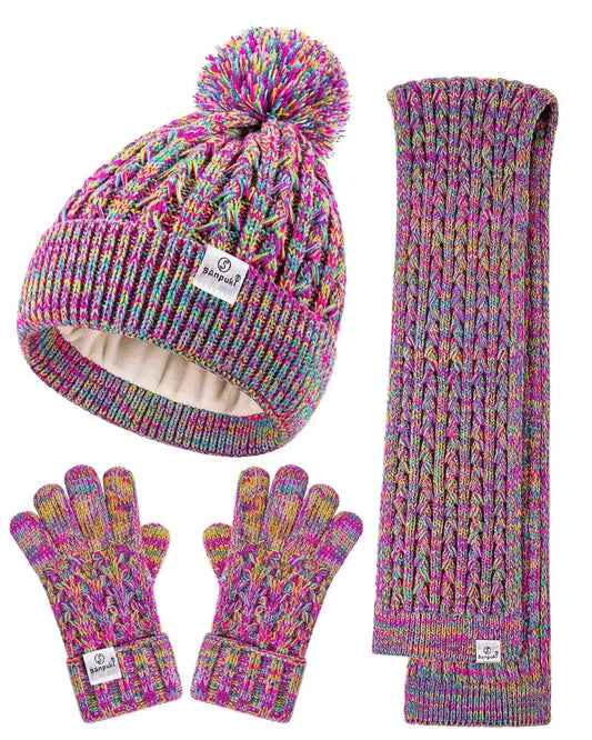Kids Winter Hat Gloves Scarf SetGirls Toddler Winter Hat Beanies with Pom Neck Warmer Gaiter Mittens Fleece Lined Set Christmas Gift for Kids（Rainbow Mix）