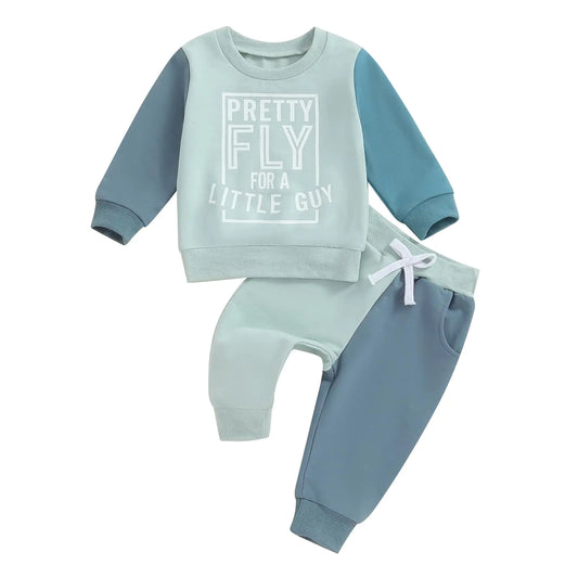 Toddler Baby Boy Fall Clothes Letter Print Long Sleeve Sweatshirt + Elastic Pants Cute Kids Winter Outfits (F-Blue 18-24 Months)